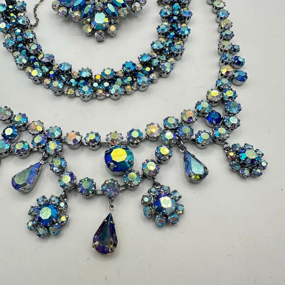 Unsigned Schoffel silver tone blue AB rhinestones necklace bracelet brooch set - Picture 4 of 12